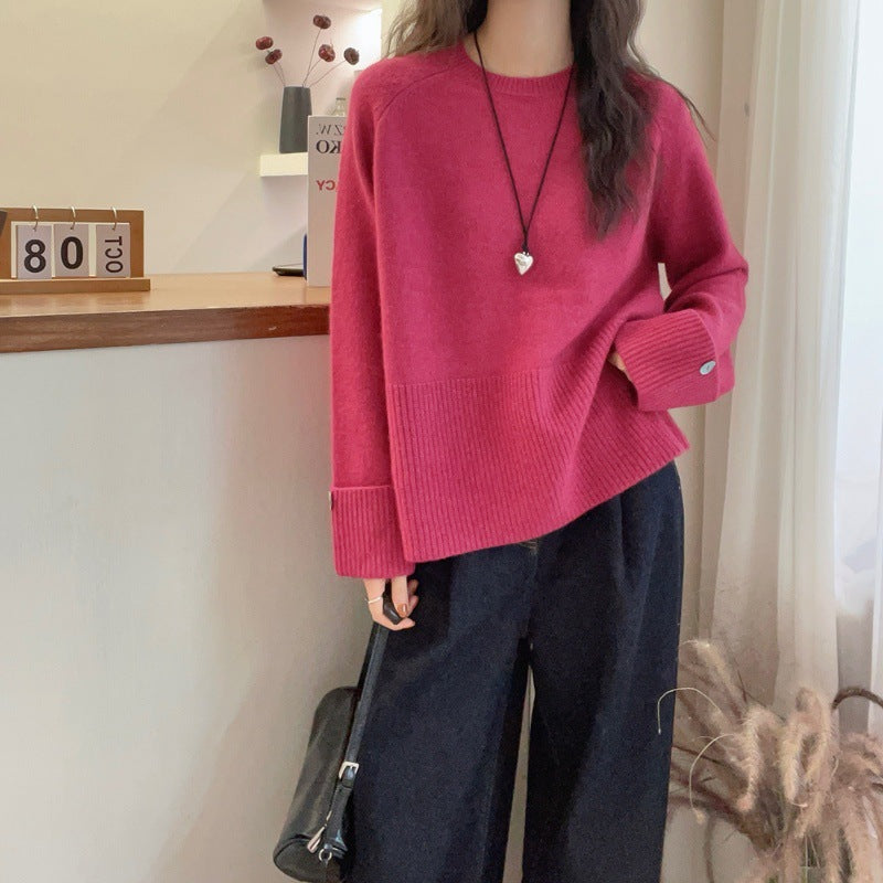 Women's Oversized Fine Knit Sweater with Wide Ribbed Hem, Extra Wide Sleeve Cuffs and Decorative Button Mune Fashion