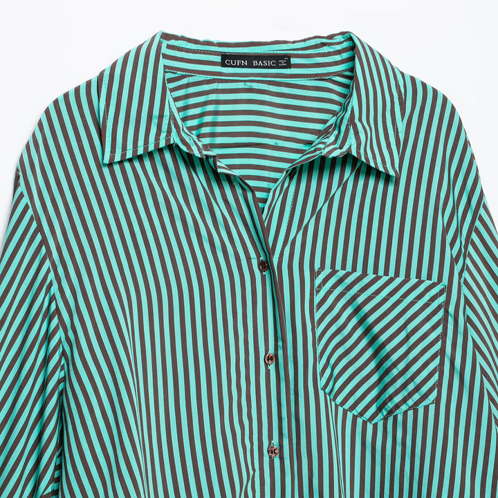 Women Oversized Shirt Blouse with Diagonal Stripes, Chest Pocket and Rounded Hem Mune Fashion