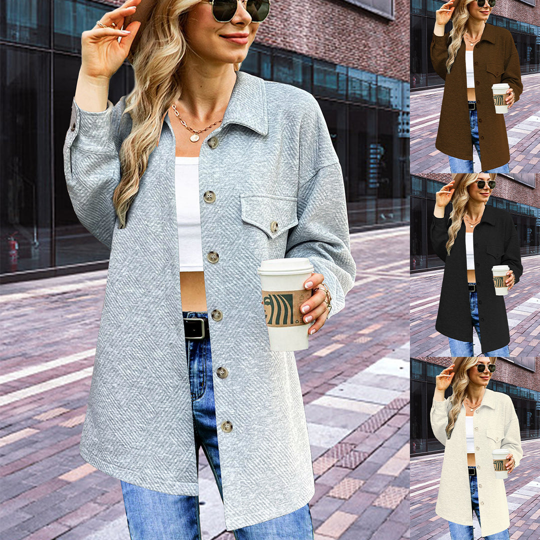 Women's Longline Oversized Shirt Jacket with Flap Pockets and Textured Fabric Mune Fashion