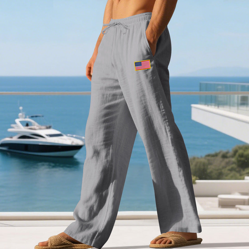 Men's Maritime Relaxed-Fit Linen-Look Casual Pants with Drawstring & Flag Patch Mune Fashion
