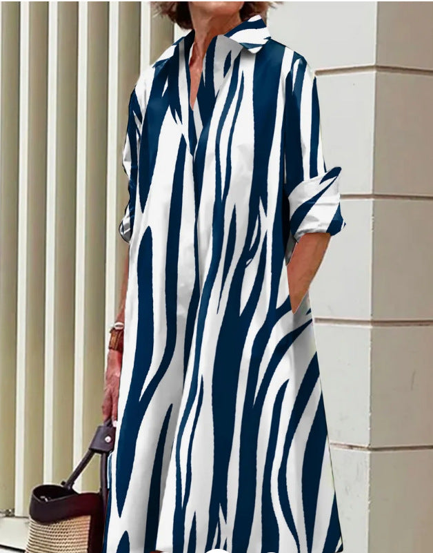Women's Loose Shirt Dress in Satin Look with Baroque Chain Print and 3/4 Sleeves Mune Fashion