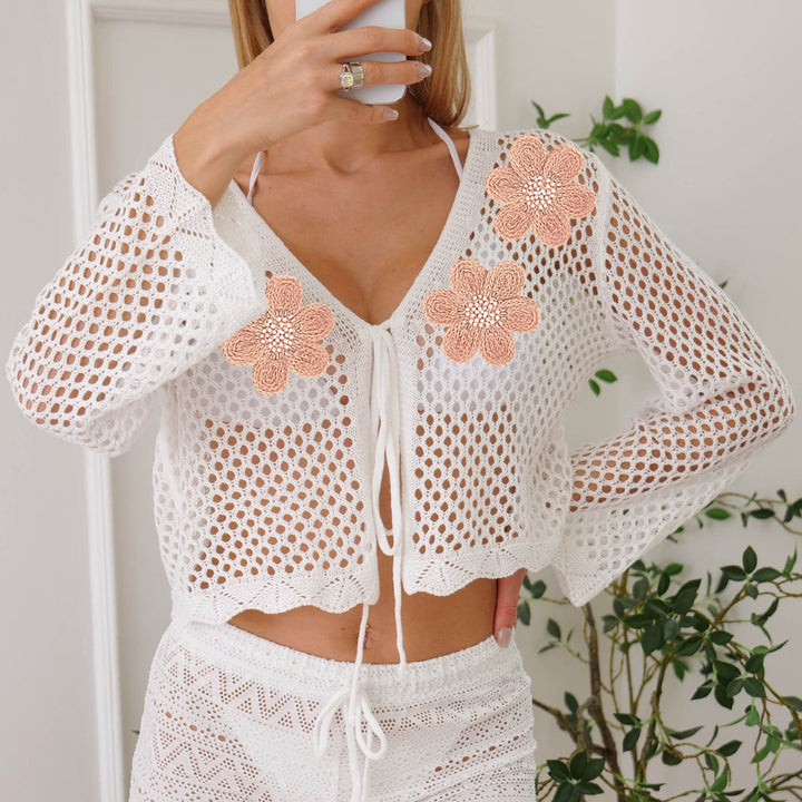 Women's Airy Crochet Beach Cover-Up with Decorative Flowers Mune Fashion
