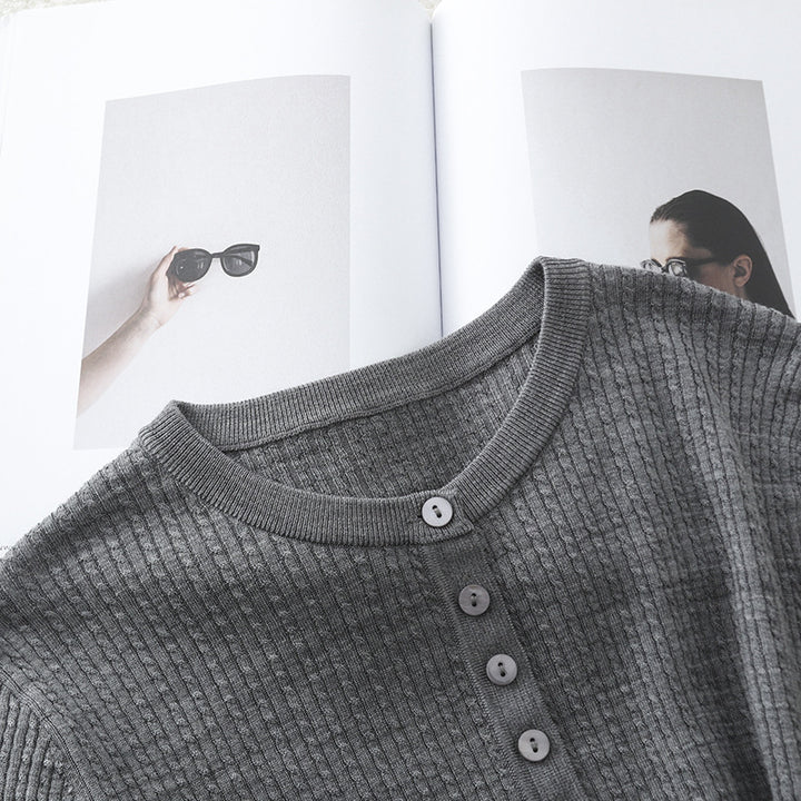 Women's Ribbed Henley Fine Knit Sweater with Slim Silhouette Mune Fashion