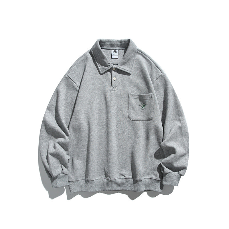 Unisex Oversize Polo Shirt Sweatshirt with Chest Pocket and Ribbed Hem Mune Fashion
