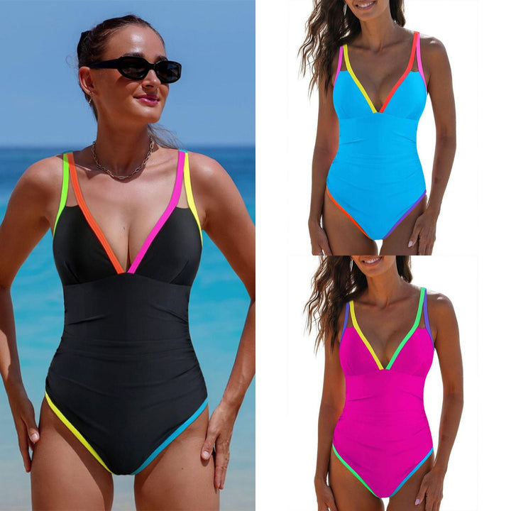 Women's One-Piece Swimsuit with Colorful Accents and Fashionable V-Neck Mune