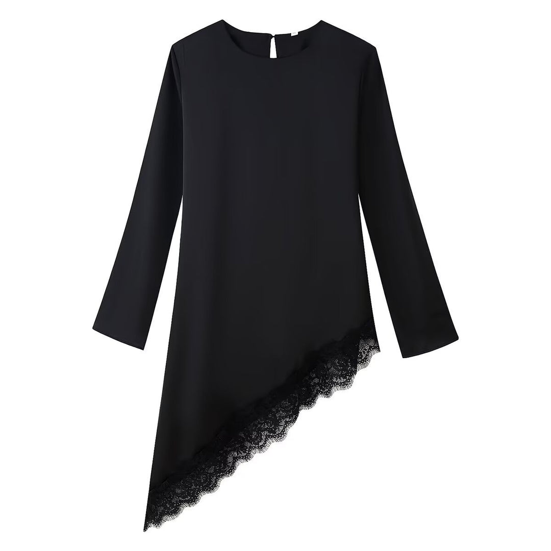 Women Asymmetric Tunic Blouse with Lace Trim and Wide Sleeve Mune Fashion