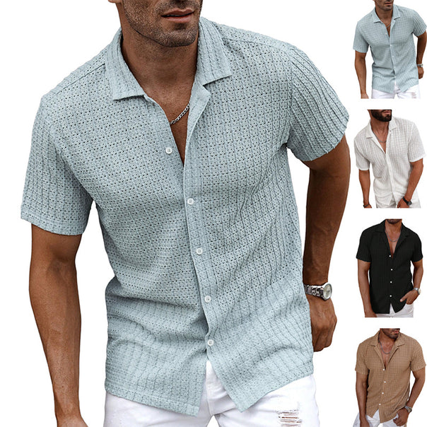 Men's airy short-sleeve ajour shirt with shawl collar and continuous button placket Mune Fashion