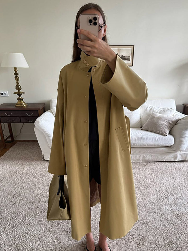 Ladies Maxilong Oversize Trench Coat with Stand Collar and Concealed Snap Placket Mune Fashion