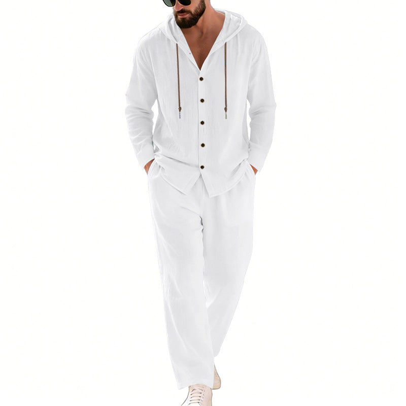 Men's two-piece lounge set with button hoodie shirt made of crepe jersey and straight drawstring pants Mune Fashion