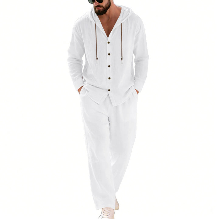 Men's two-piece lounge set with button hoodie shirt made of crepe jersey and straight drawstring pants Mune Fashion