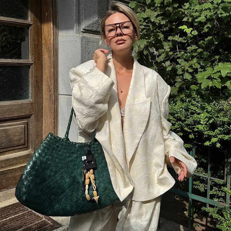 Women Two-Piece Jacquard Pants Set with Oversized Boxy Blazer and High-Cut Palazzo Pants Mune Fashion