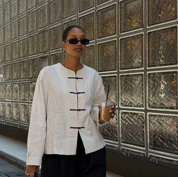 Women's Boxy Linen Blouse with Toggle Closures and Asymmetric Hem Mune Fashion