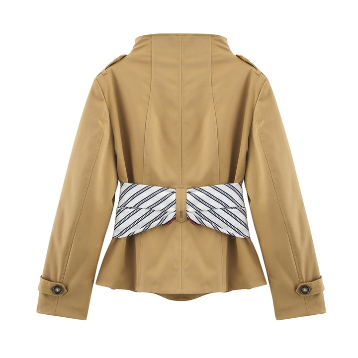 Women's nan short tailored double-breasted trench with stand-up collar and silk scarf belt Mune Fashion