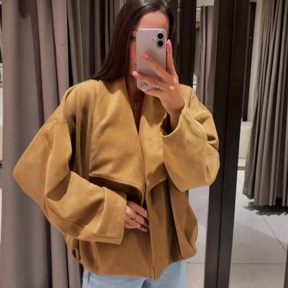 Womens Oversized Velvet Waterfall Jacket with boxy Cropped Silhouette and concealed Placket