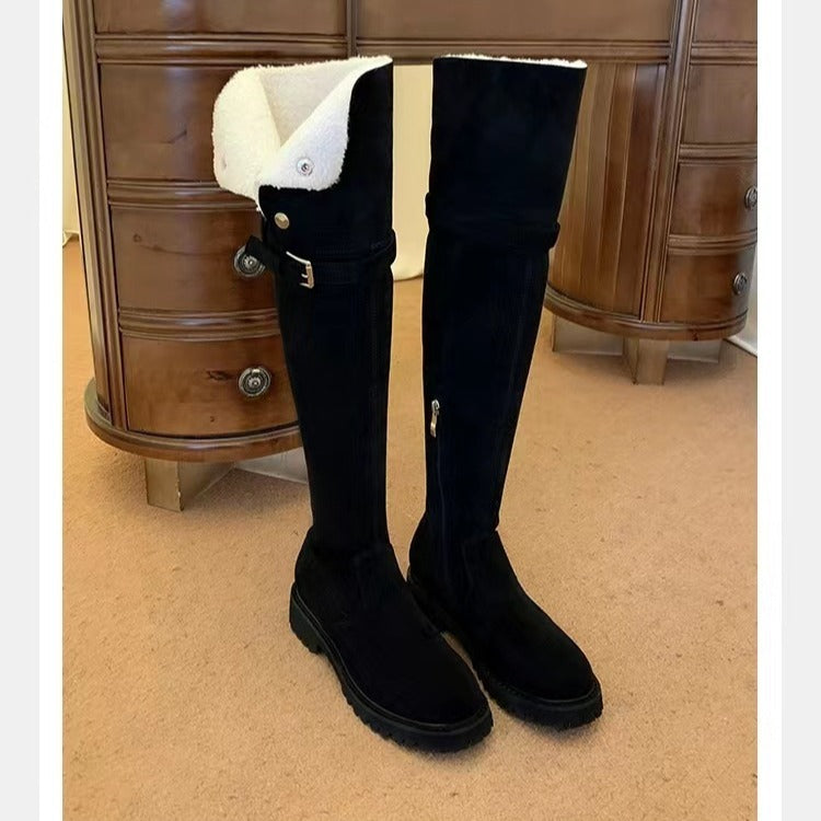 Women Knee-High Velour Winter Boots with Foldable Shaft Edge Lining and Profiled Lug Sole Mune Fashion