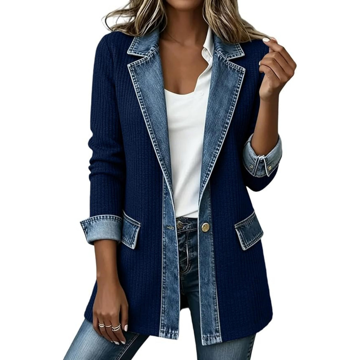 Ladies' knit blazer with denim trim and lapel collar Mune Fashion