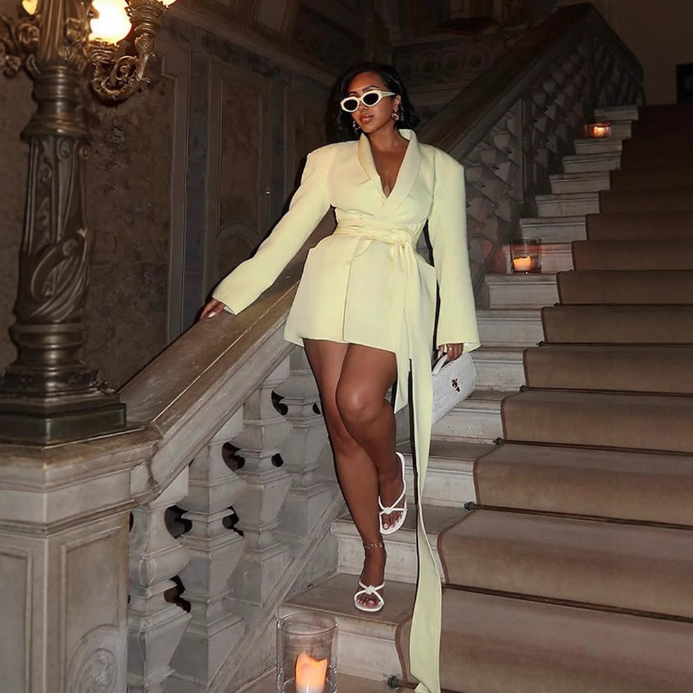 Women's Tailored Blazer Dress with Draped Tie Belt and Structured Shoulders Mune Fashion