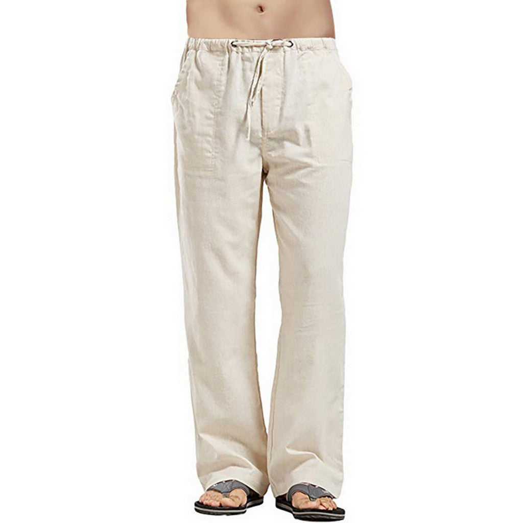 Men's Casual Linen Pants with Drawstring Waist and Straight Leg Mune Fashion