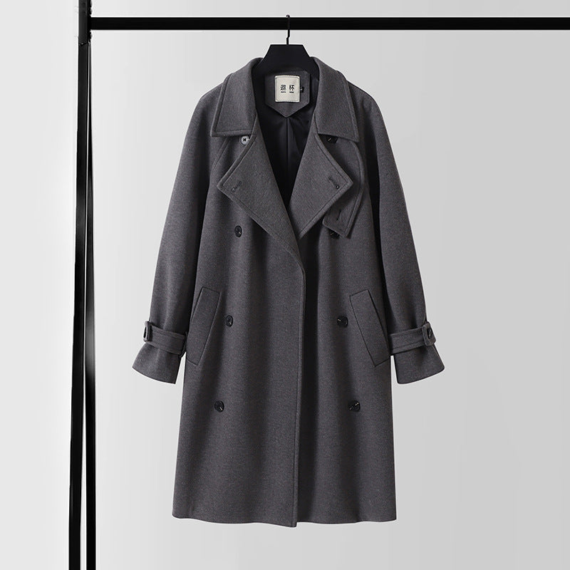 Men's Dramatically Cut Double Breasted Wool Blend Long Coat with Collar Tabs and Tie Belt Mune Fashion
