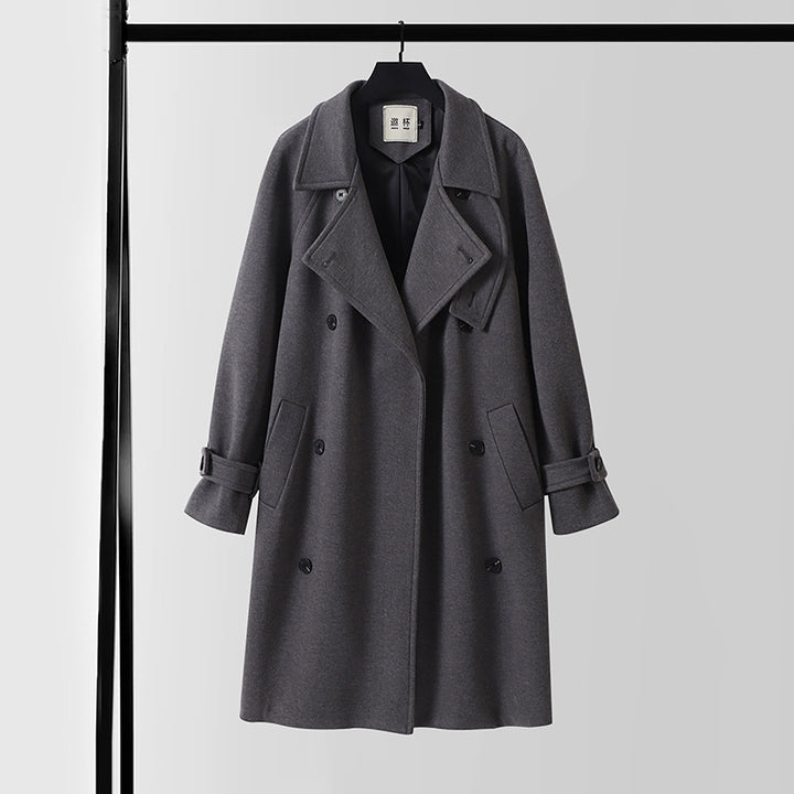 Men's Dramatically Cut Double Breasted Wool Blend Long Coat with Collar Tabs and Tie Belt Mune Fashion