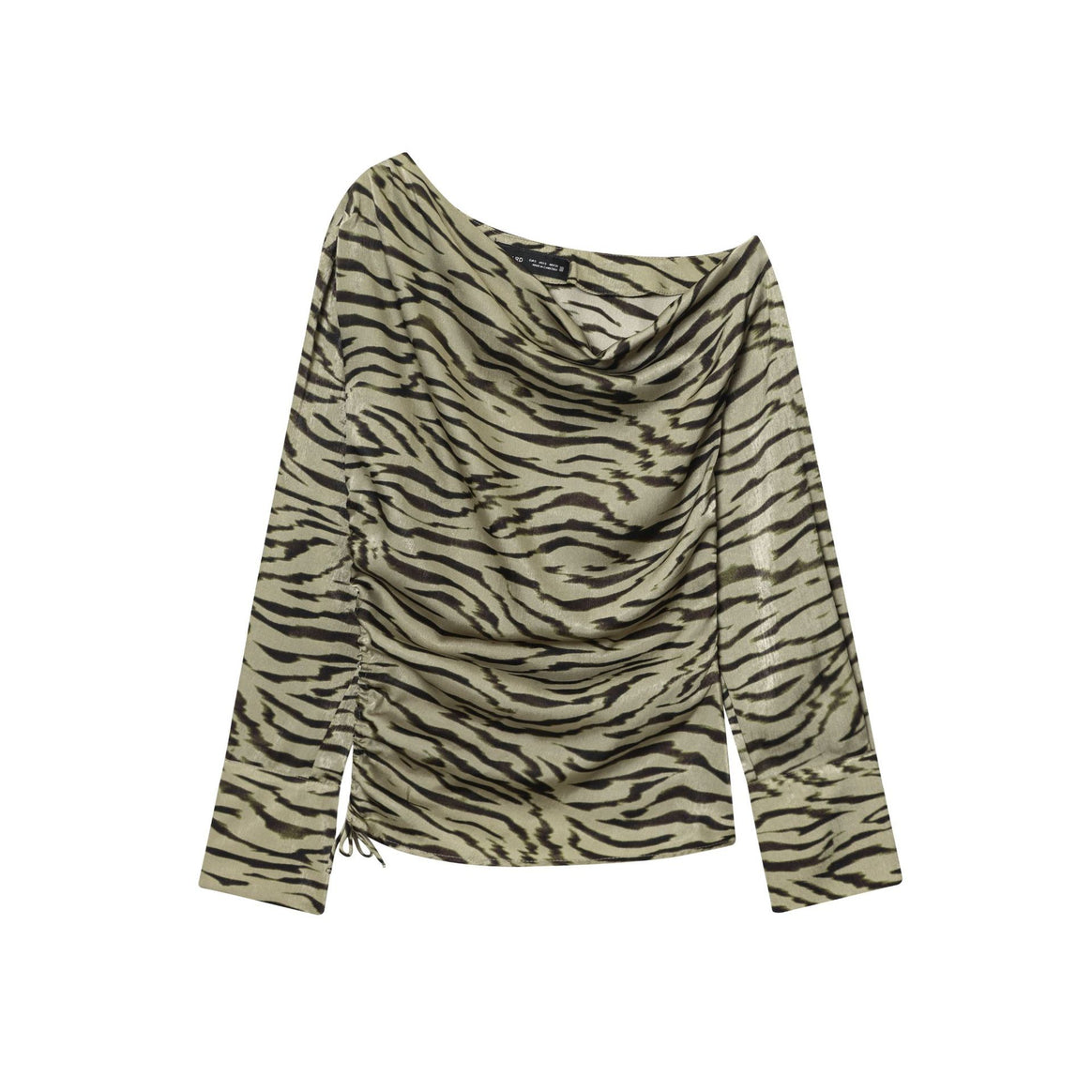 Women's draped long sleeve top with waterfall collar, side gathering, and drawstring Mune Fashion