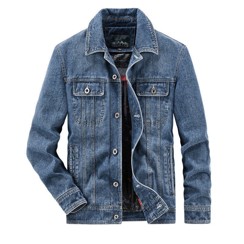 Men's washed denim work jacket with printed lining and chest flap pockets Mune Fashion