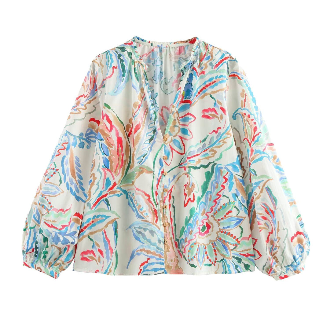 Ladies Lightweight Viscose Blouse with Watercolor Floral Print, V-Neck and Balloon Sleeves Mune Fashion