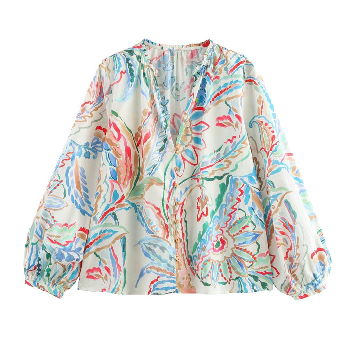 Ladies Lightweight Viscose Blouse with Watercolor Floral Print, V-Neck and Balloon Sleeves Mune Fashion