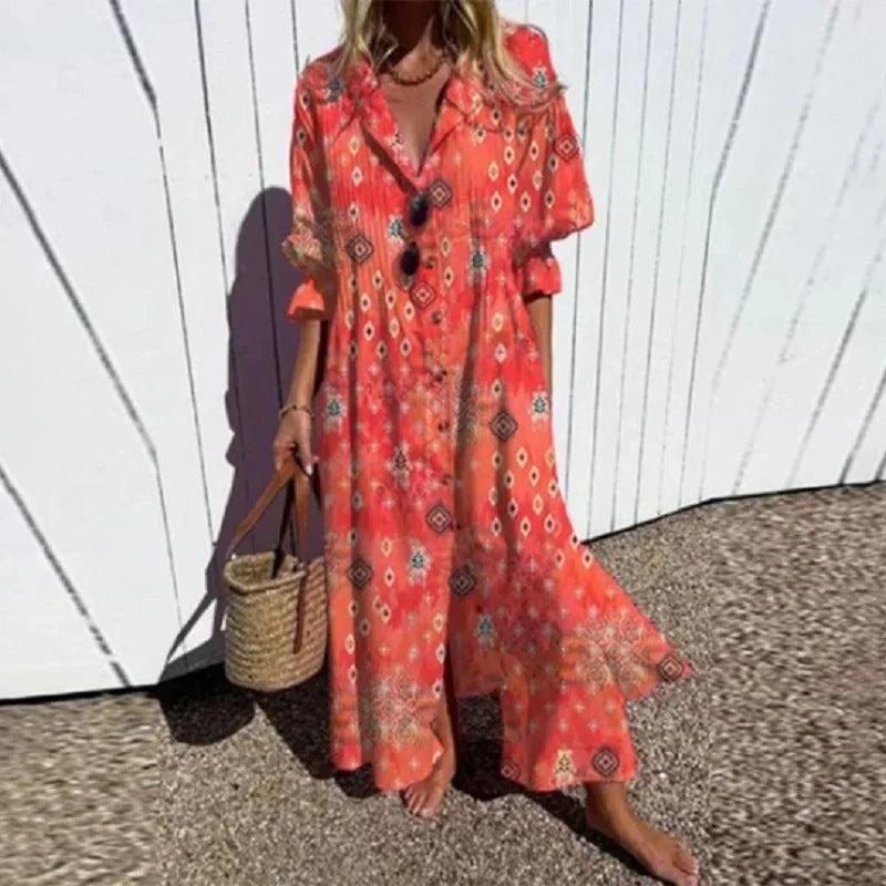 Women Flowing Maxi Dress with Continuous Button Placket V-Neck and Folk Print Mune Fashion
