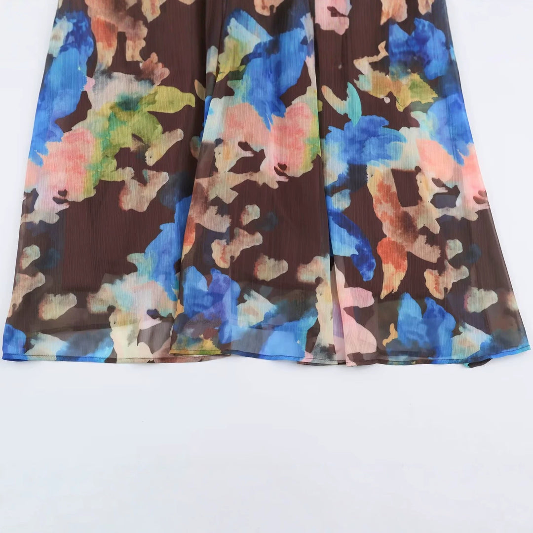 Women's Pleated Chiffon Midi Dress with Watercolor Print, Tailored Silhouette and Balloon Sleeves Mune Fashion