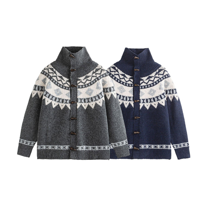 Women's Norwegian pattern knitted cardigan with high stand collar and toggle closures Mune Fashion