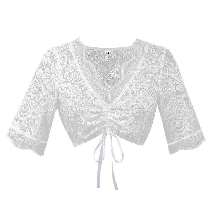 Women's lace bolero blouse with stand-up collar, 3/4 sleeves and tie band Mune Fashion