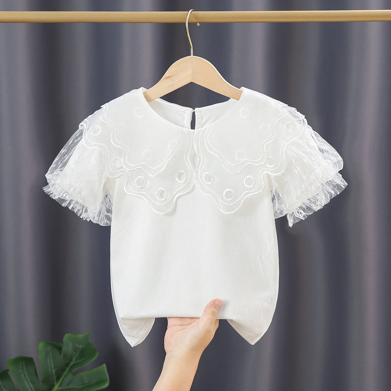 Girls blouse with transparent tulle sleeves and floral design Mune Fashion
