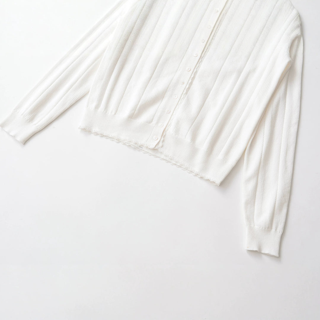 Women Cropped Fine Knit Cardigan with Hole Stripes, Round Neck and Decorative Button Placket Mune Fashion