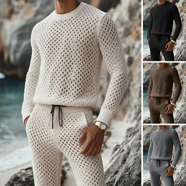 Men's textured knit sweater with finely knitted openwork pattern and round neck Mune Fashion