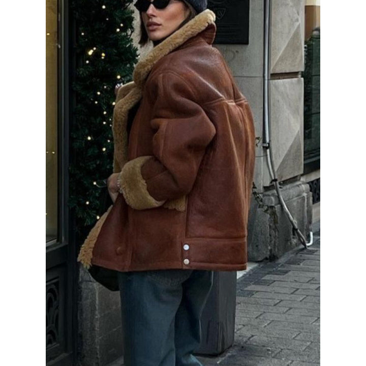 Women's Oversize Sheepskin-Look Aviator Jacket with Voluminous Shawl Collar Mune Fashion