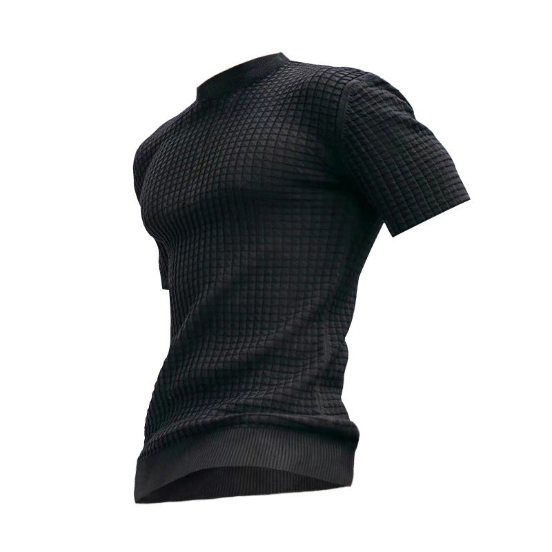 Men's waffle structure short sleeve knit shirt with slim fit and elastic rib hem Mune Fashion