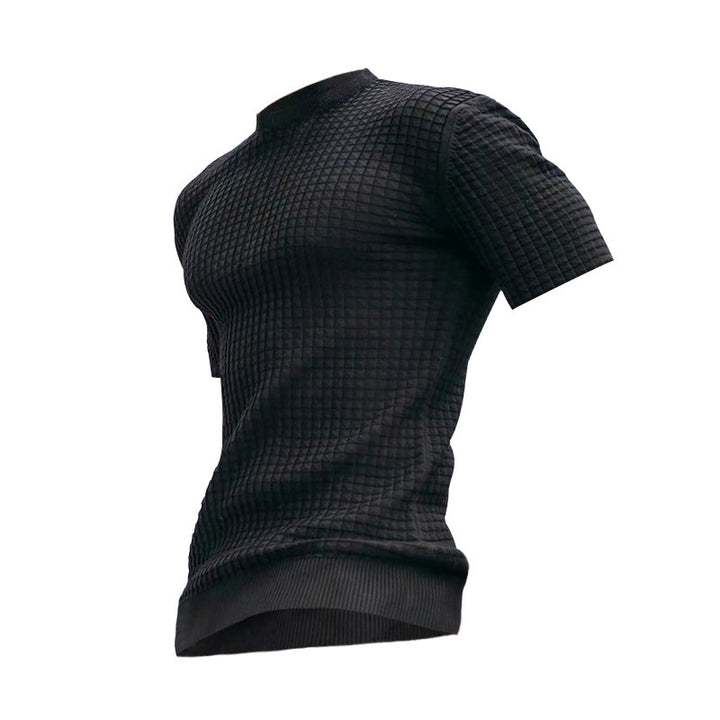 Men's waffle structure short sleeve knit shirt with slim fit and elastic rib hem Mune Fashion