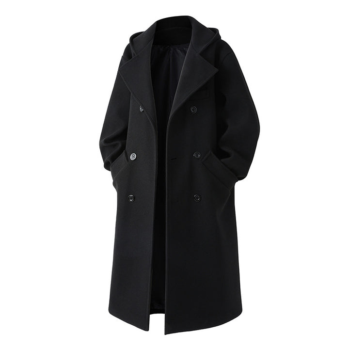 Men's nan Oversize pea coat with hood, double-breasted button placket, and warming quilted lining inside Mune Fashion