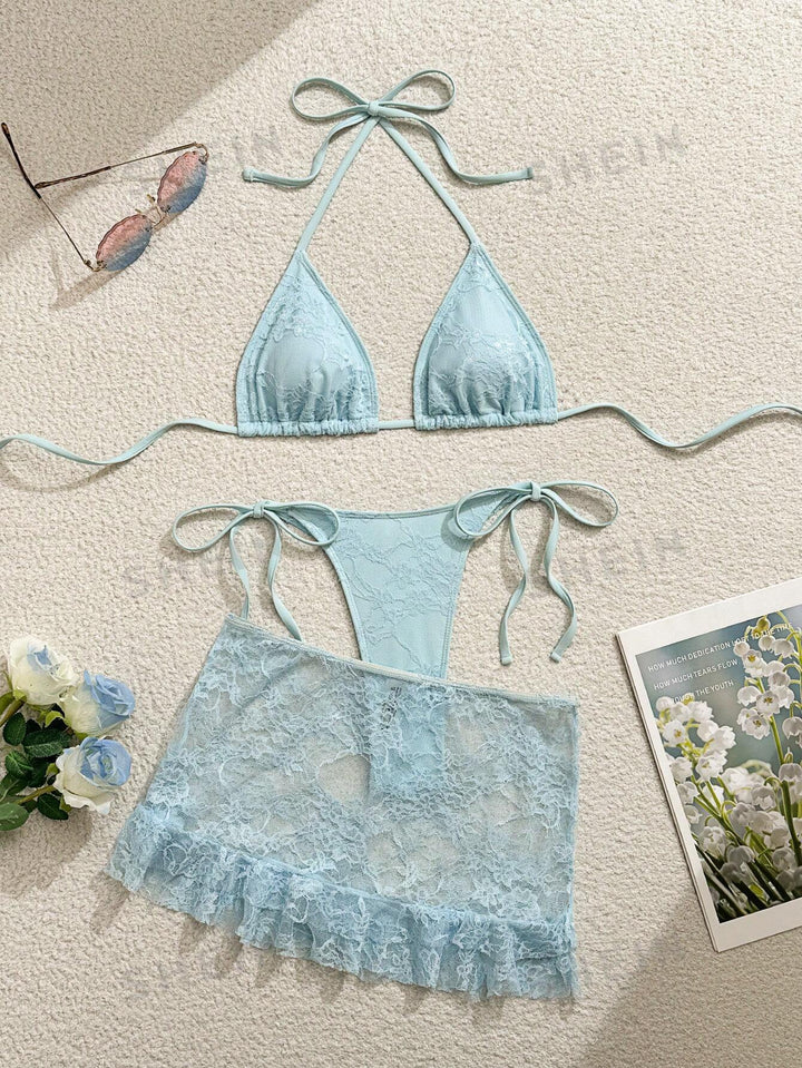 Ladies Lace Bikini with Floral Design and Flowing Skirt Mune Fashion