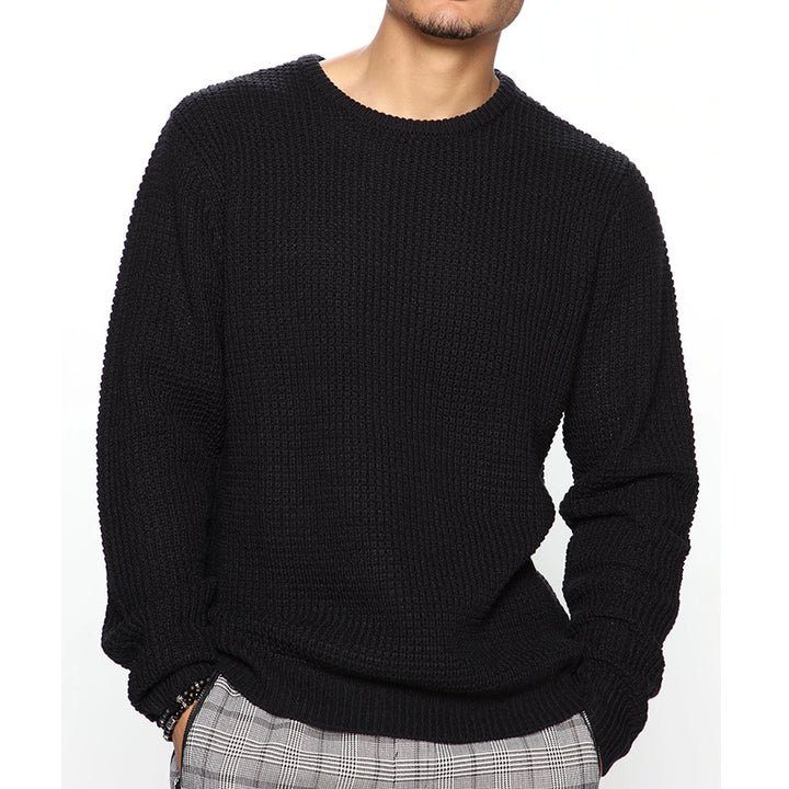 Men's Chunky Knit Crew Neck Sweater with Basketweave Pattern and Relaxed Fit Mune Fashion