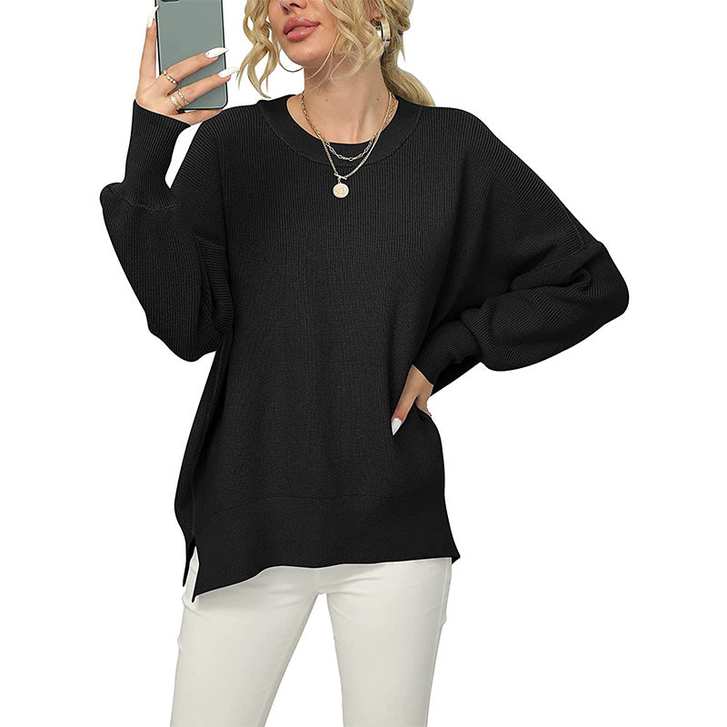 Women's Oversized Fine Knit Sweater with Round Neck, Dropped Shoulder and Side Slits Mune Fashion