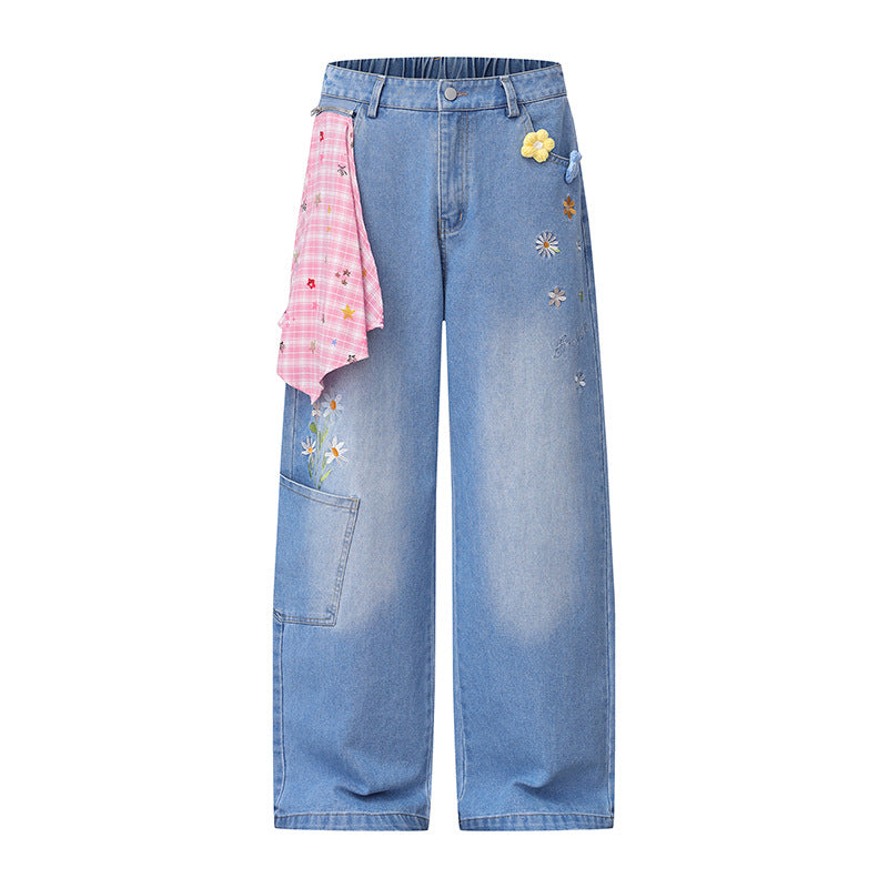 Ladies Wide High-Waist Denim Palazzo Jeans with Floral Embroidery, Cargo Pocket and Scarf Detail Mune Fashion