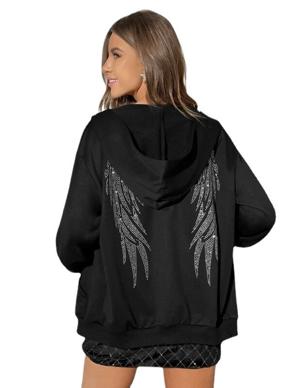 Women Oversize Hoodie with sparkling rhinestone angel wing back Mune Fashion