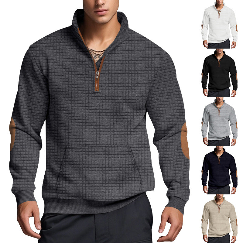 Men's quilted half-zip sweatshirt with stand-up collar, kangaroo pocket, and faux leather elbow patches Mune Fashion