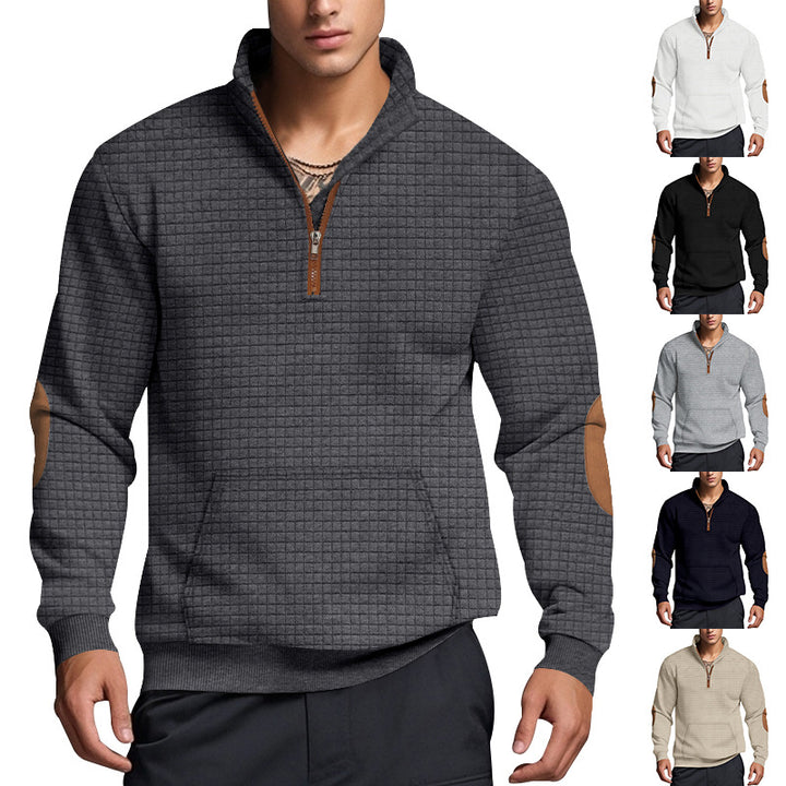 Men's quilted half-zip sweatshirt with stand-up collar, kangaroo pocket, and faux leather elbow patches Mune Fashion