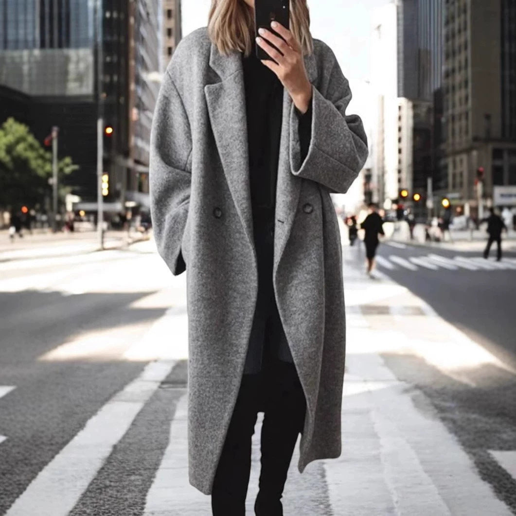 Women's Oversize Long Coat made of Wool Blend with Drop Shoulder and Minimalist Button Placket Mune Fashion
