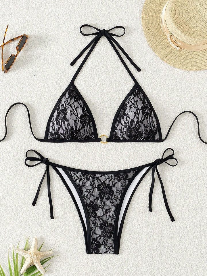 Women Lace Triangle Bikini with Refined Ties Mune Fashion
