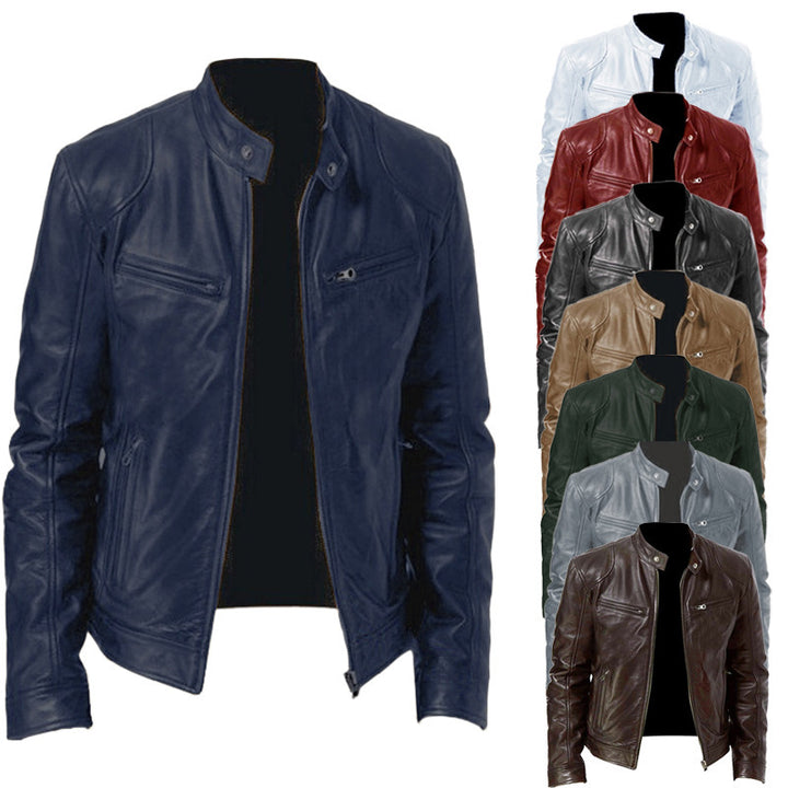 Men's slim genuine leather biker jacket with stand-up collar, two zippered chest pockets and straight silhouette Mune Fashion