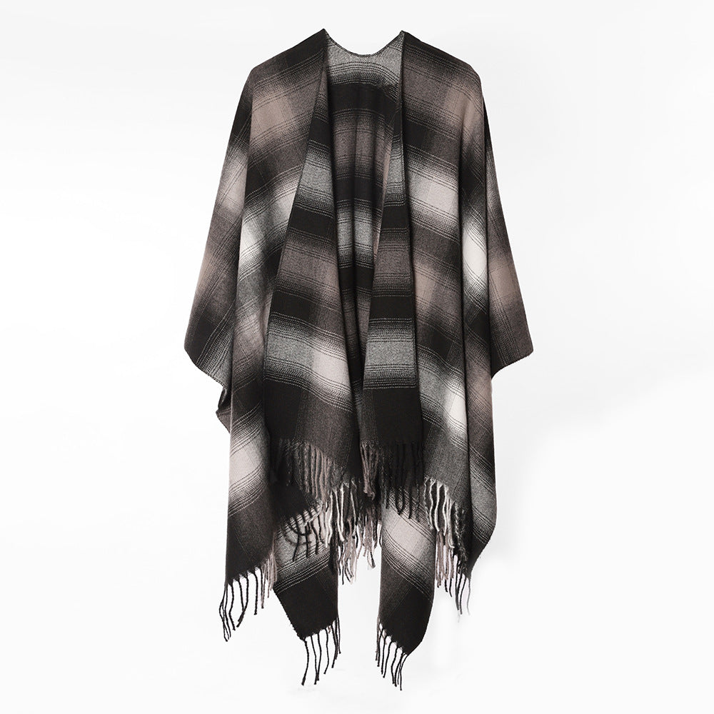 Women Oversize Wool Blend Poncho Cape with Ombre Check Pattern and Fringe Hem Mune Fashion